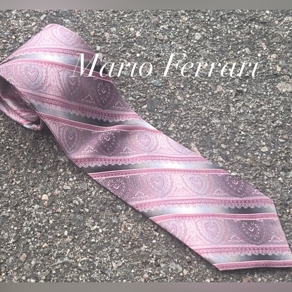 Mario Ferrari 100% Silk Mens Tie - Pink & Gray - Picture 1 of 10